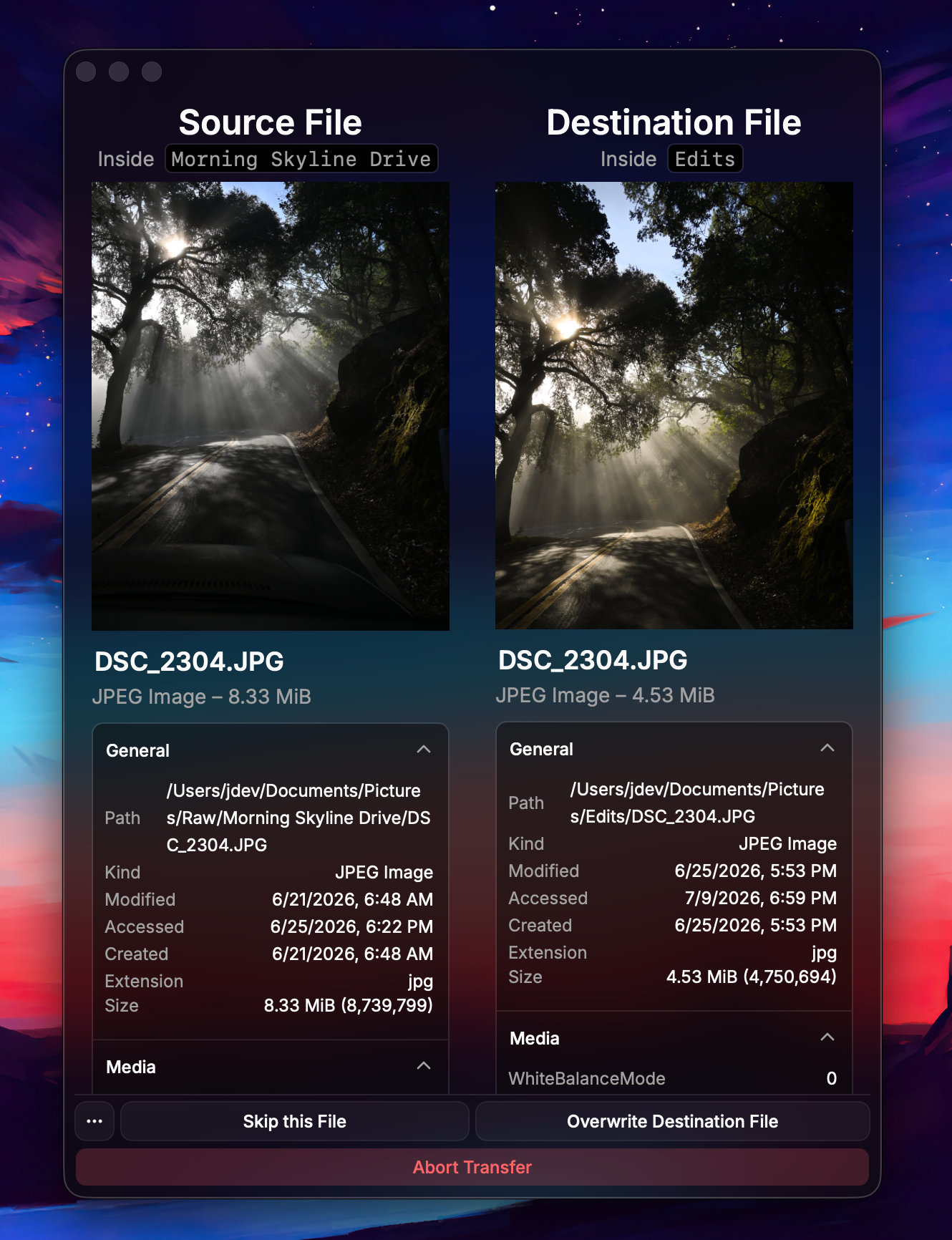 Cosmil's file conflict dialog comparing a source and destination JPEG side by side, with previews and full metadata for each