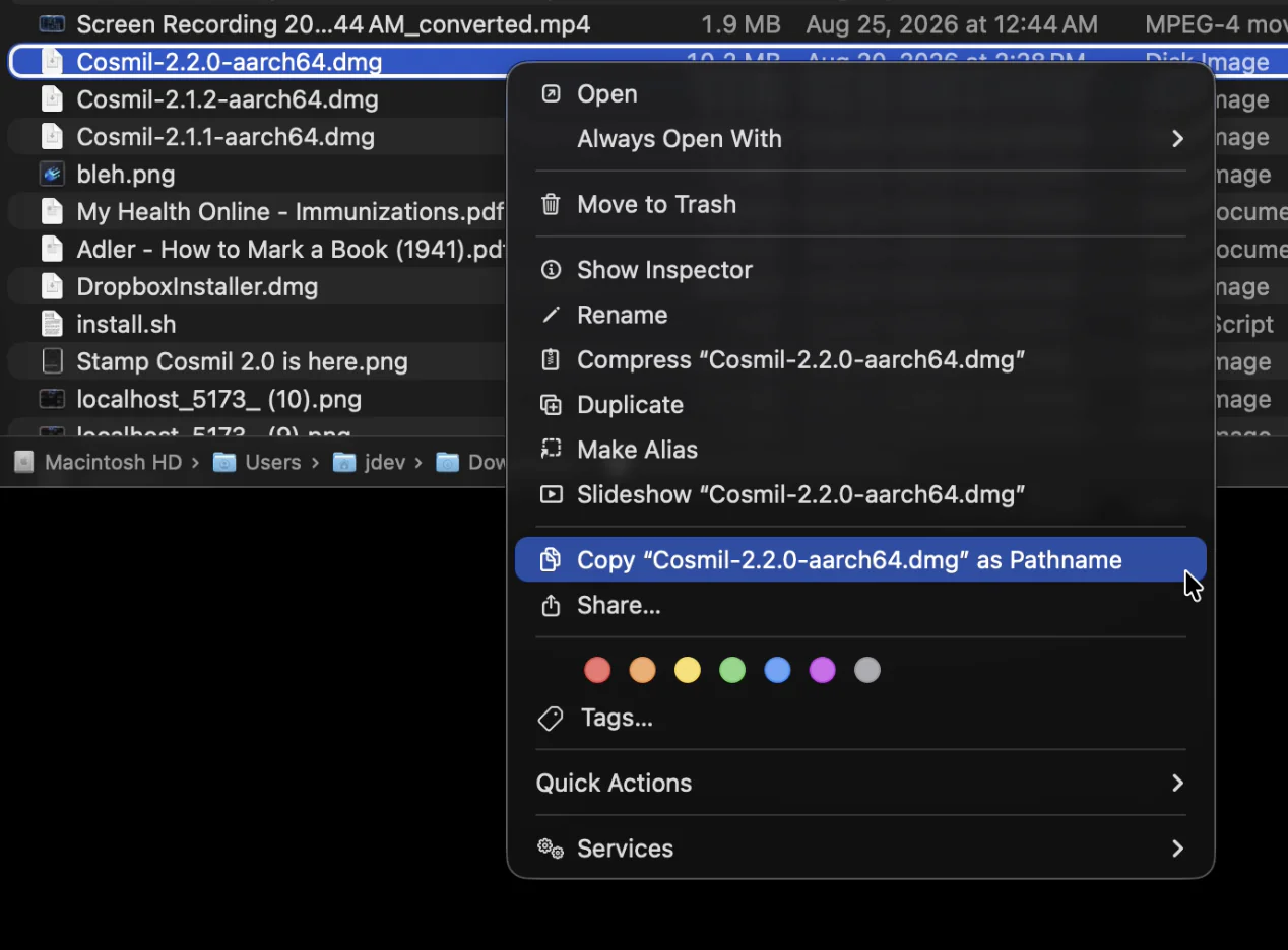 The same menu with Option held: Copy has become Copy “Cosmil-2.2.0-aarch64.dmg” as Pathname