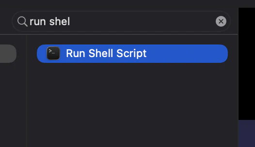 Automator's action library search with the Run Shell Script action selected