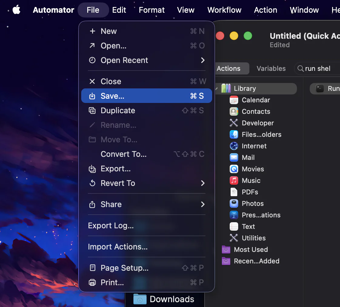 Automator's File menu with Save highlighted, the workflow titled Untitled (Quick Action)