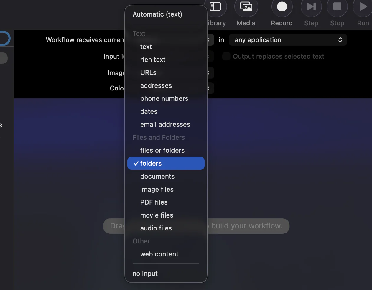The Workflow receives current dropdown open, with folders checked