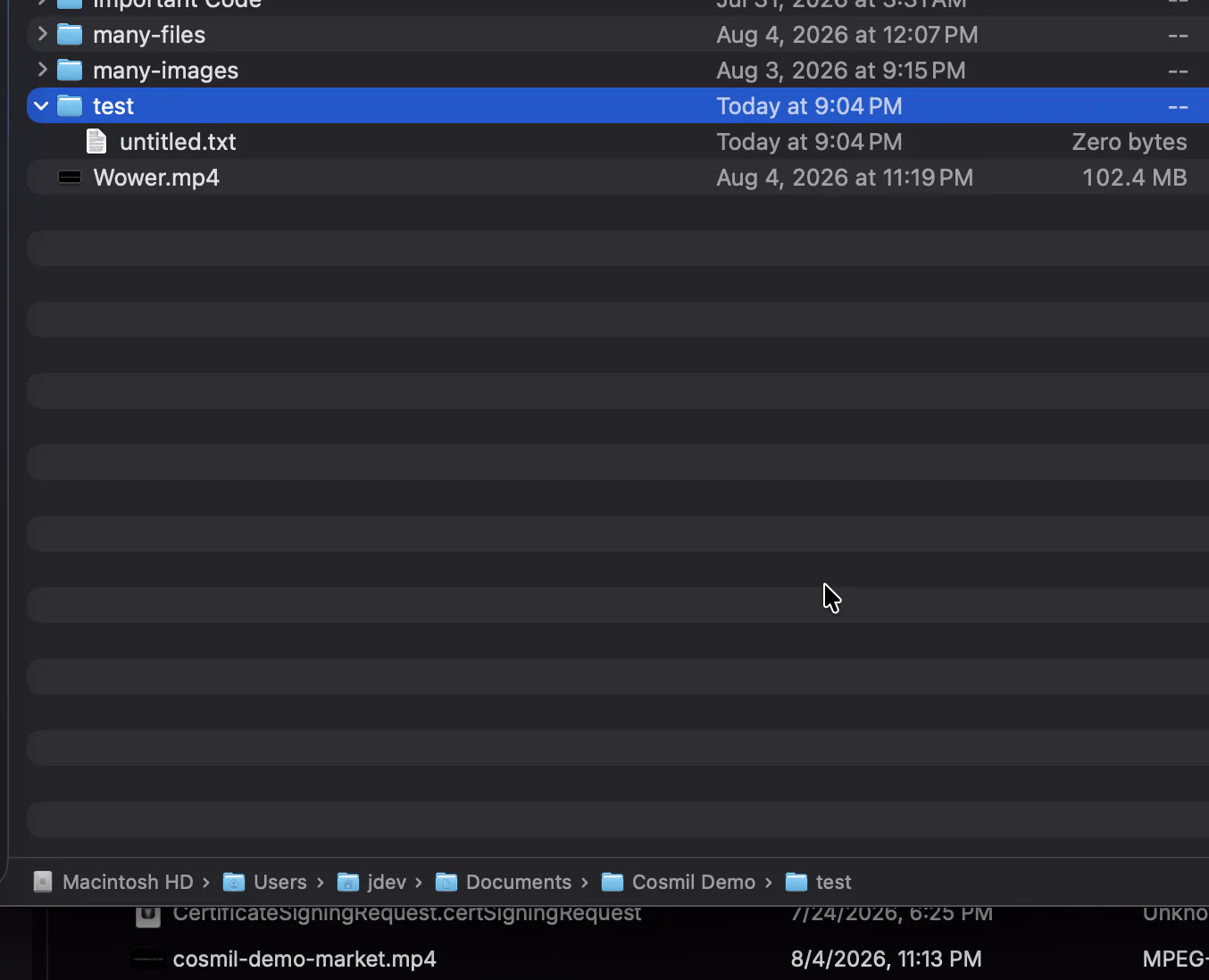The same folder expanded in Finder, now containing a zero-byte untitled.txt